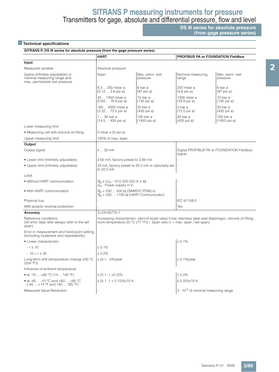 For absolute pressure (from gage pressure series), Sitrans p measuring instruments for pressure | Siemens SITRANS P User Manual | Page 89 / 234