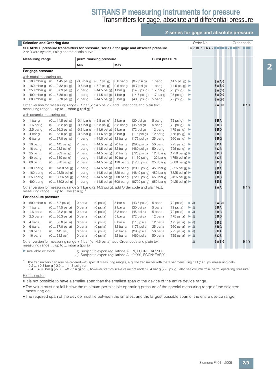 Sitrans p measuring instruments for pressure, Z series for gage and absolute pressure 2/9 | Siemens SITRANS P User Manual | Page 9 / 234