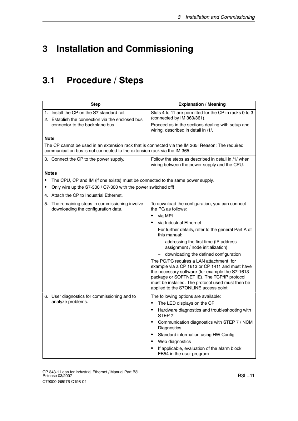 3 installation and commissioning, 1 procedure / steps, B3l−11 | Siemens CP 343-1 User Manual | Page 11 / 56
