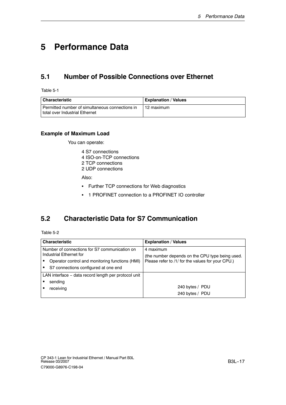 5 performance data, 1 number of possible connections over ethernet, 2 characteristic data for s7 communication | B3l−17 | Siemens CP 343-1 User Manual | Page 17 / 56