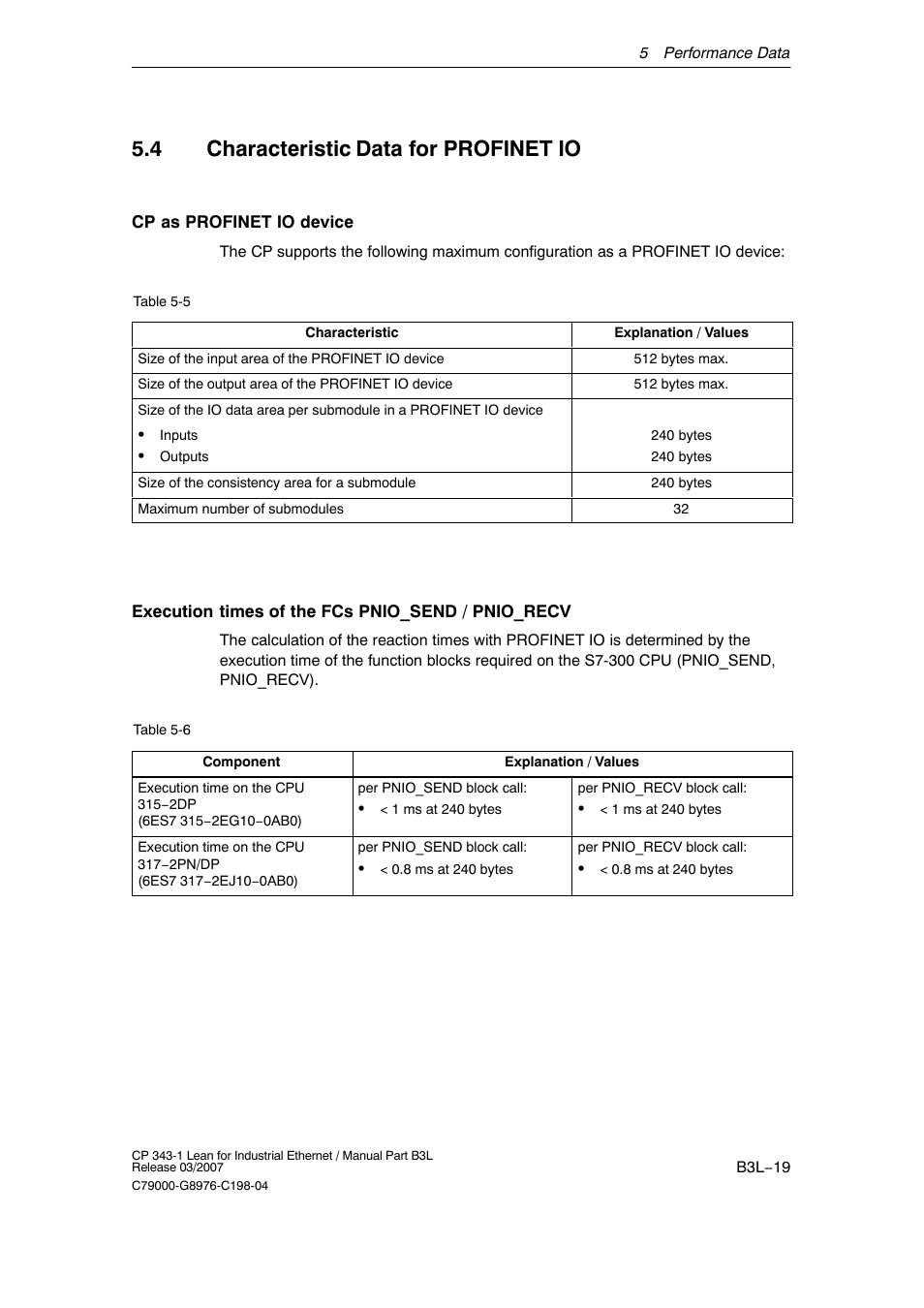 4 characteristic data for profinet io, B3l−19 | Siemens CP 343-1 User Manual | Page 19 / 56