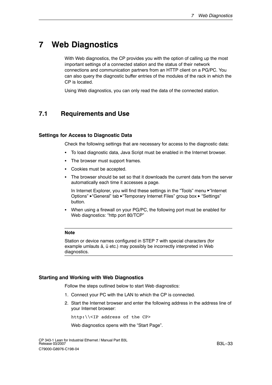 7 web diagnostics, 1 requirements and use, B3l−33 | Siemens CP 343-1 User Manual | Page 33 / 56