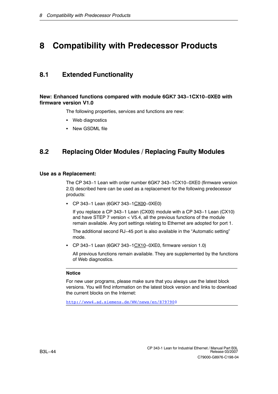 8 compatibility with predecessor products, 1 extended functionality, B3l−44 | Siemens CP 343-1 User Manual | Page 44 / 56