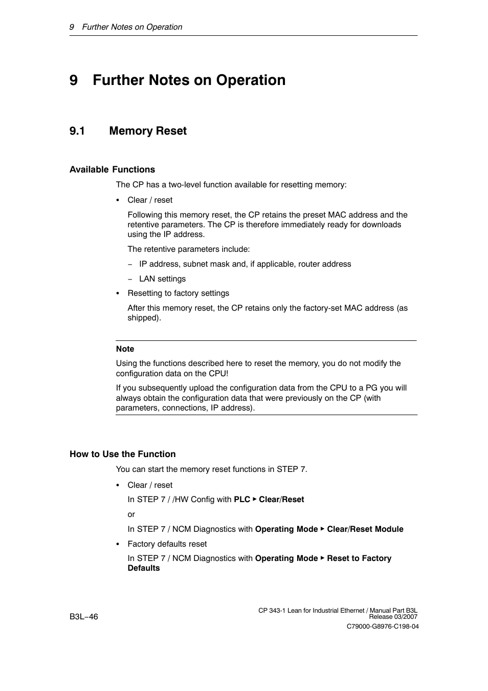 9 further notes on operation, 1 memory reset, B3l−46 | Siemens CP 343-1 User Manual | Page 46 / 56