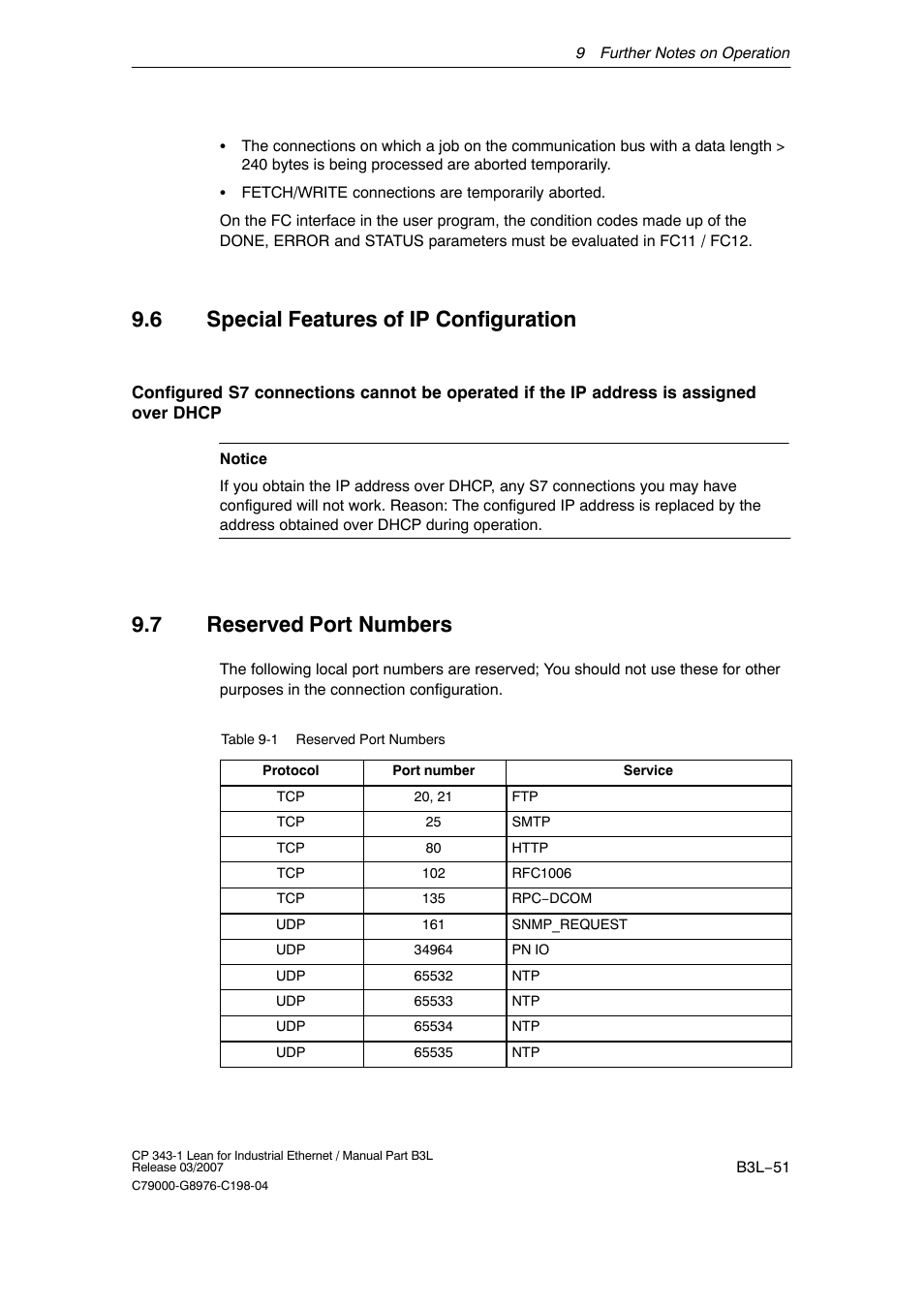 6 special features of ip configuration, 7 reserved port numbers, B3l−51 | Siemens CP 343-1 User Manual | Page 51 / 56