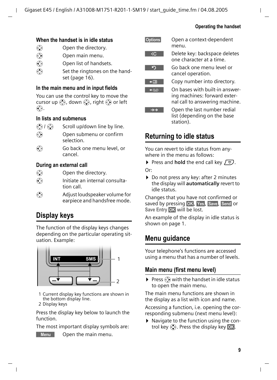 Display keys, Returning to idle status, Menu guidance | Main menu (first menu level) | Siemens Gigaset E45 User Manual | Page 10 / 27