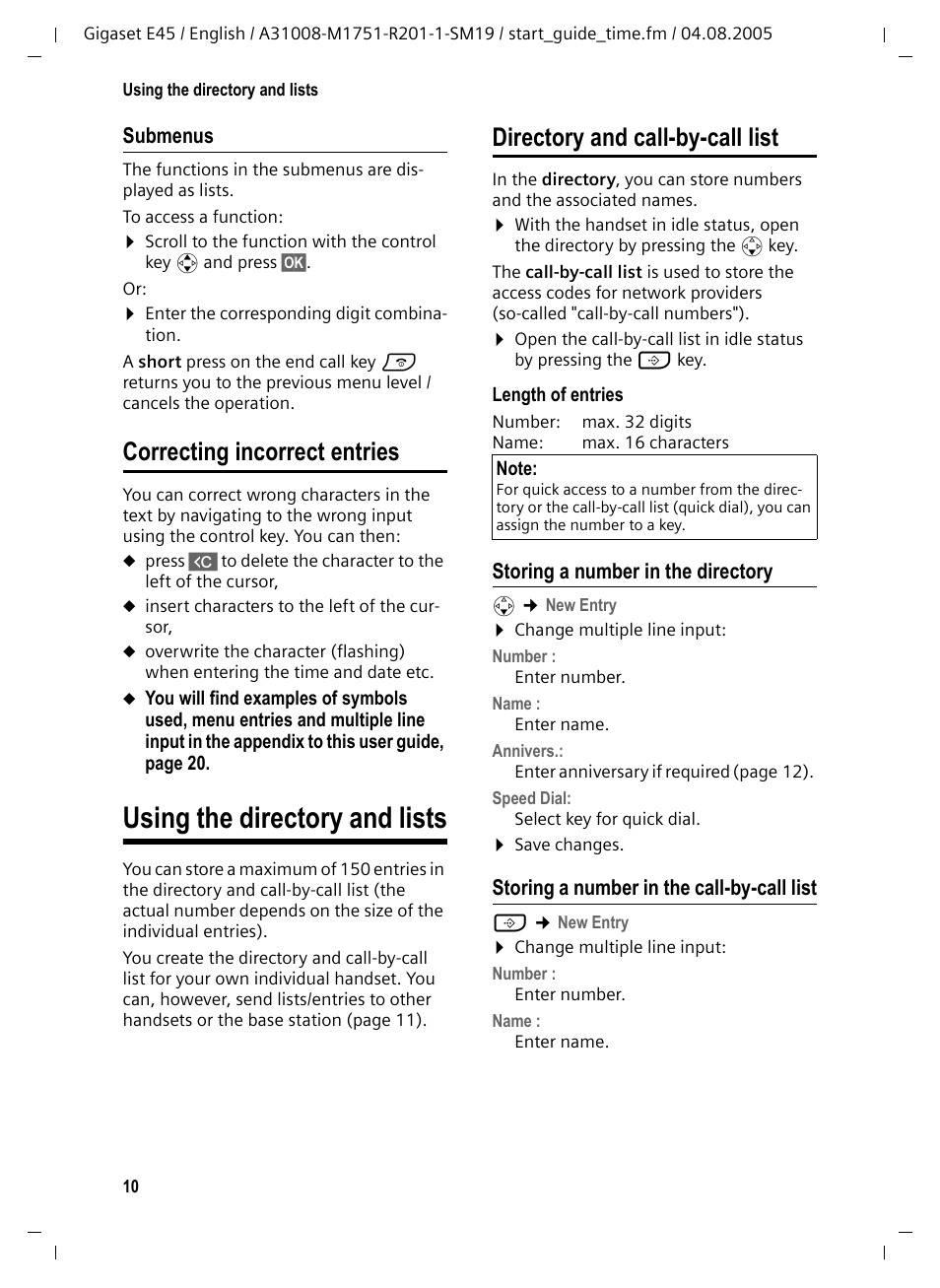 Submenus, Correcting incorrect entries, Using the directory and lists | Directory and call-by-call list, Storing a number in the directory, Storing a number in the call-by-call list | Siemens Gigaset E45 User Manual | Page 11 / 27