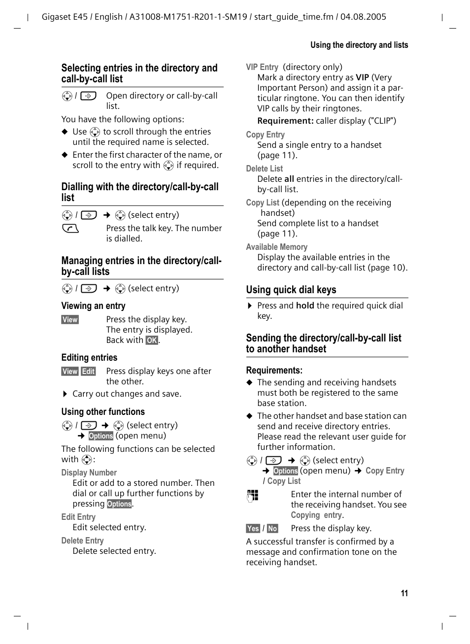 Dialling with the directory/call-by-call list, Using quick dial keys | Siemens Gigaset E45 User Manual | Page 12 / 27