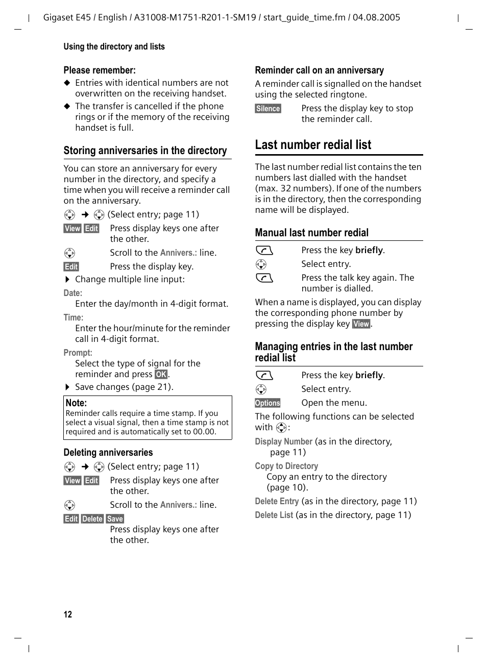 Storing anniversaries in the directory, Last number redial list, Manual last number redial | Managing entries in the last number redial list | Siemens Gigaset E45 User Manual | Page 13 / 27