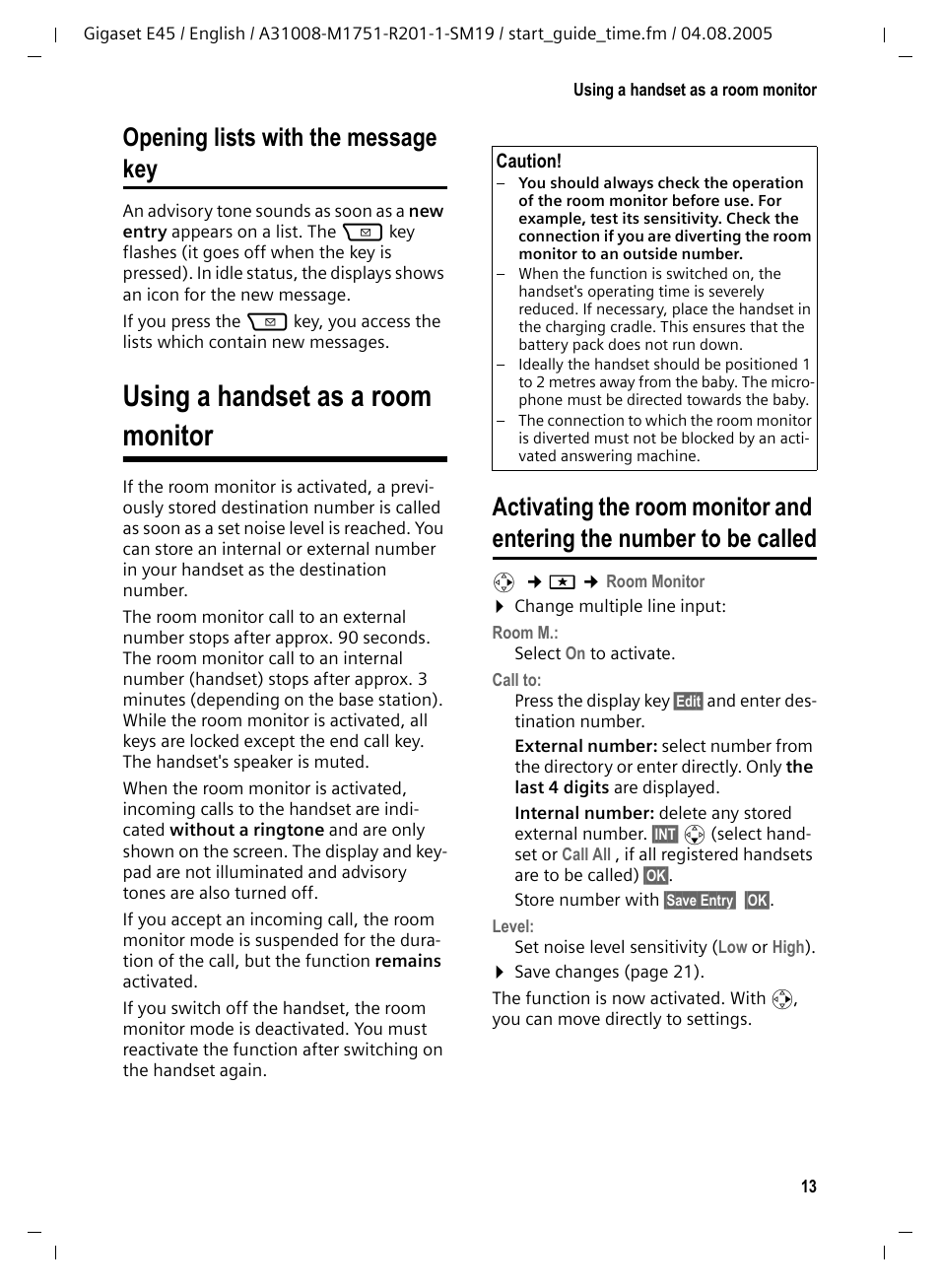 Opening lists with the message key, Using a handset as a room monitor, Opening lists with the message key . 13 | Siemens Gigaset E45 User Manual | Page 14 / 27