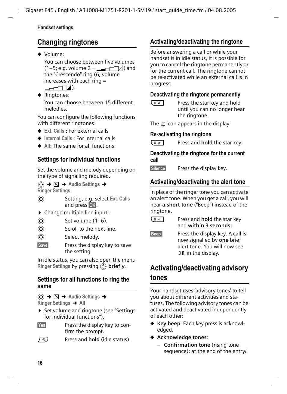 Changing ringtones, Settings for individual functions, Settings for all functions to ring the same | Activating/deactivating the ringtone, Activating/deactivating the alert tone, Activating/deactivating advisory tones | Siemens Gigaset E45 User Manual | Page 17 / 27