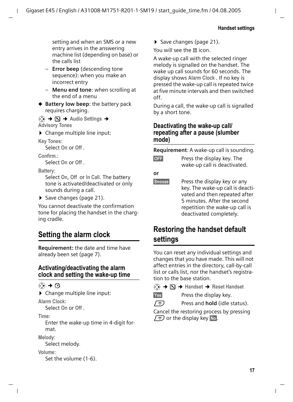 Setting the alarm clock, Restoring the handset default settings | Siemens Gigaset E45 User Manual | Page 18 / 27