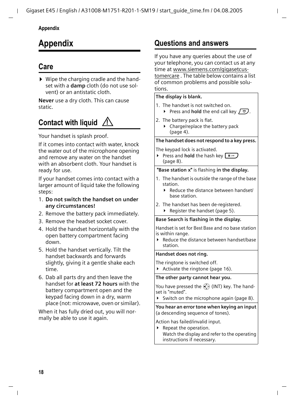 Appendix, Care, Contact with liquid | Questions and answers, Care contact with liquid questions and answers | Siemens Gigaset E45 User Manual | Page 19 / 27