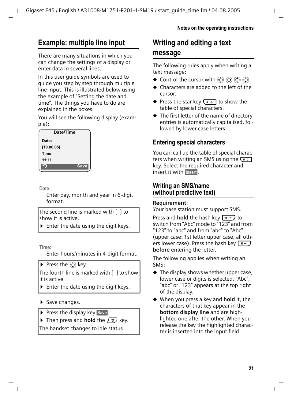 Example: multiple line input, Writing and editing a text message, Entering special characters | Writing an sms/name (without predictive text), During a call | Siemens Gigaset E45 User Manual | Page 22 / 27