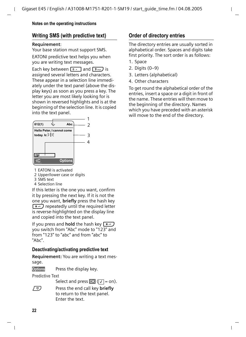 Writing sms (with predictive text), Order of directory entries | Siemens Gigaset E45 User Manual | Page 23 / 27