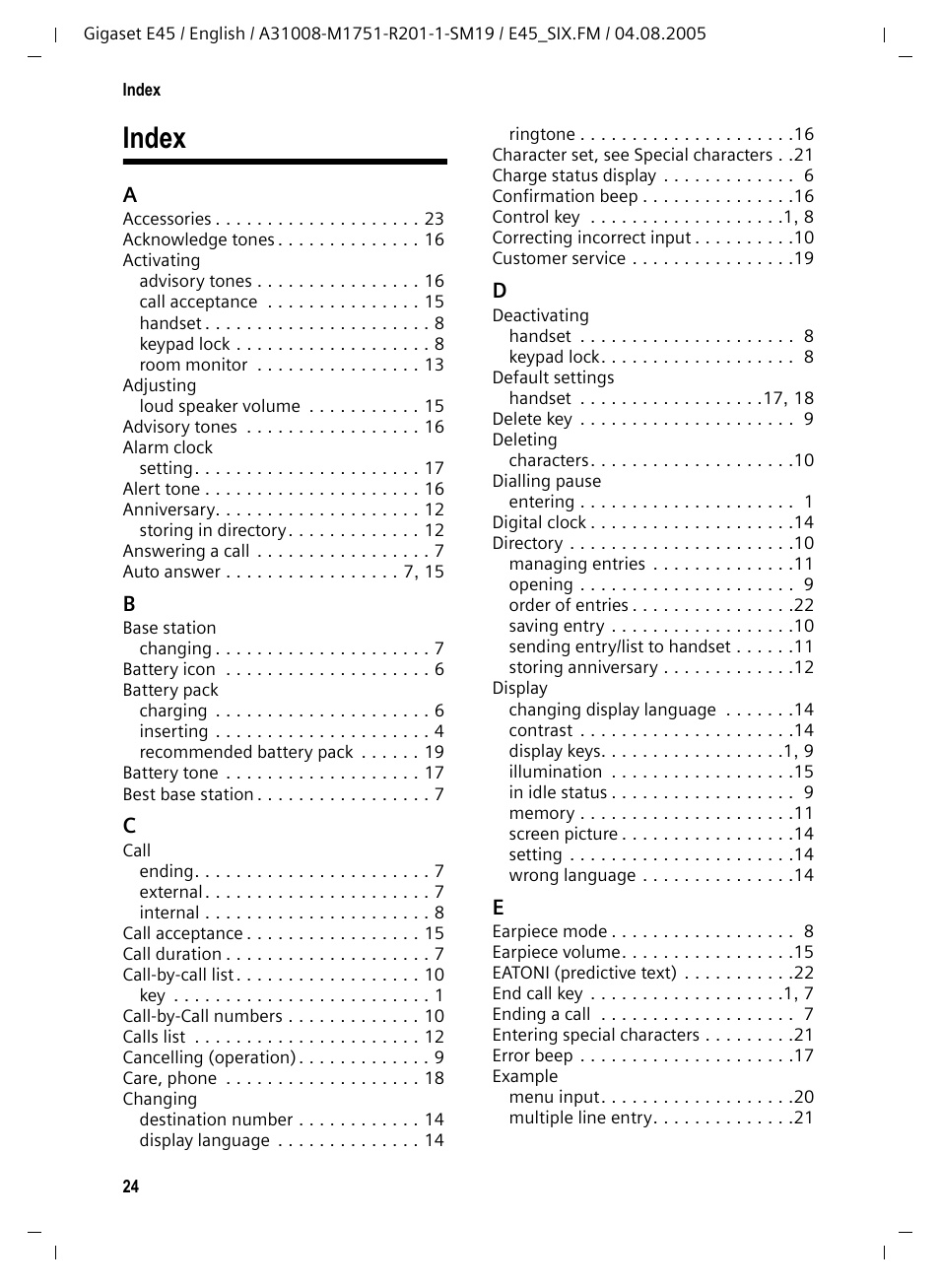 Index | Siemens Gigaset E45 User Manual | Page 25 / 27