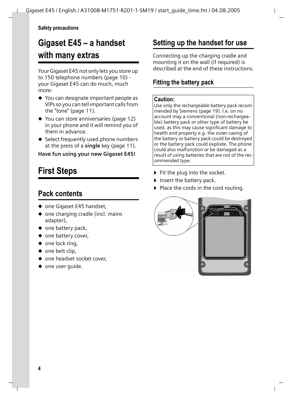 Gigaset e45 - a handset with many extras, First steps, Pack contents | Setting up the handset for use, Fitting the battery pack, Pack contents setting up the handset for use, Gigaset e45 – a handset with many extras | Siemens Gigaset E45 User Manual | Page 5 / 27