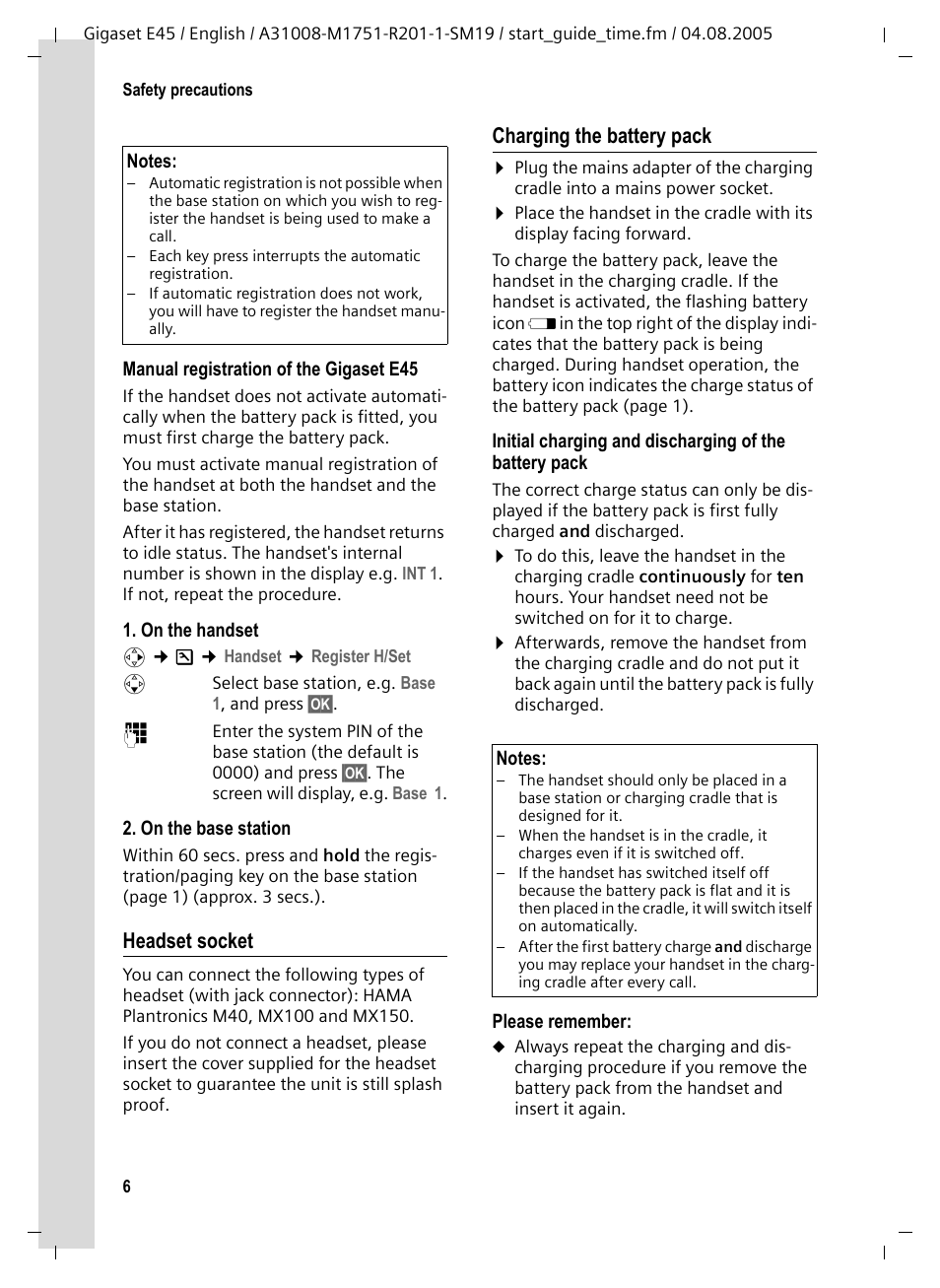 Headset socket, Charging the battery pack | Siemens Gigaset E45 User Manual | Page 7 / 27