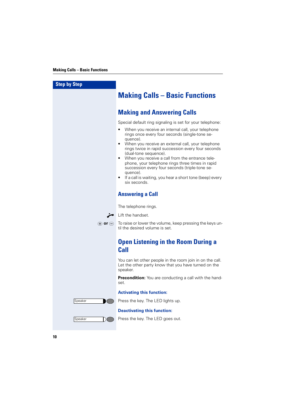 Making calls – basic functions, Making and answering calls, Answering a call | Open listening in the room during a call | Siemens HIPATH 3000 User Manual | Page 10 / 72