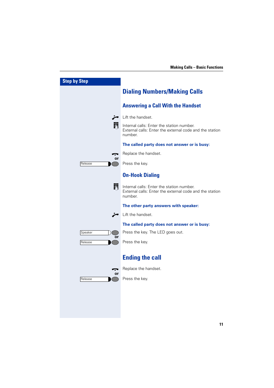 Dialing numbers/making calls, Answering a call with the handset, On-hook dialing | Ending the call, Answering a call with the handset on-hook dialing | Siemens HIPATH 3000 User Manual | Page 11 / 72