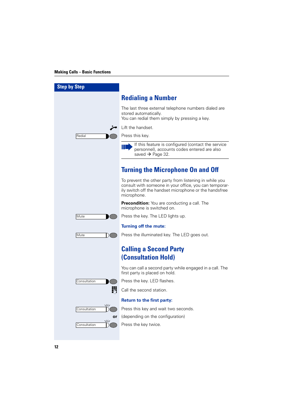 Redialing a number, Turning the microphone on and off, Calling a second party (consultationhold) | Calling a second party (consultation hold) | Siemens HIPATH 3000 User Manual | Page 12 / 72