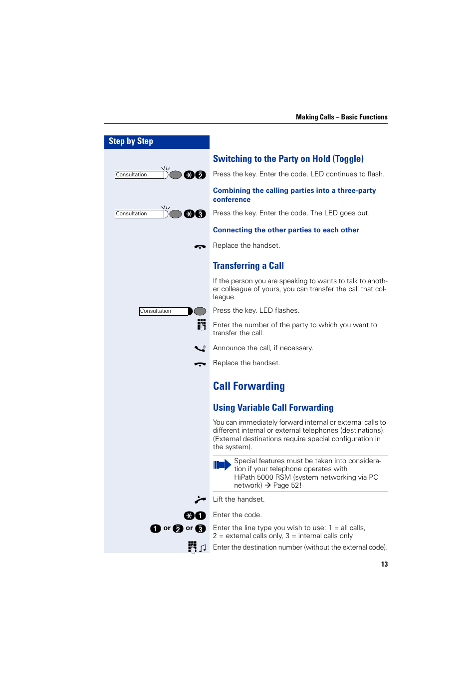 Switching to the party on hold (toggle), Transferring a call, Call forwarding | Using variable call forwarding | Siemens HIPATH 3000 User Manual | Page 13 / 72