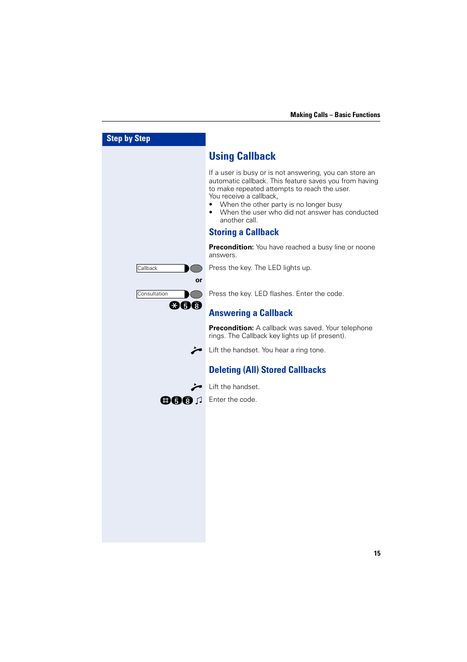 Using callback, Storing a callback, Answering a callback | Deleting (all) stored callbacks | Siemens HIPATH 3000 User Manual | Page 15 / 72