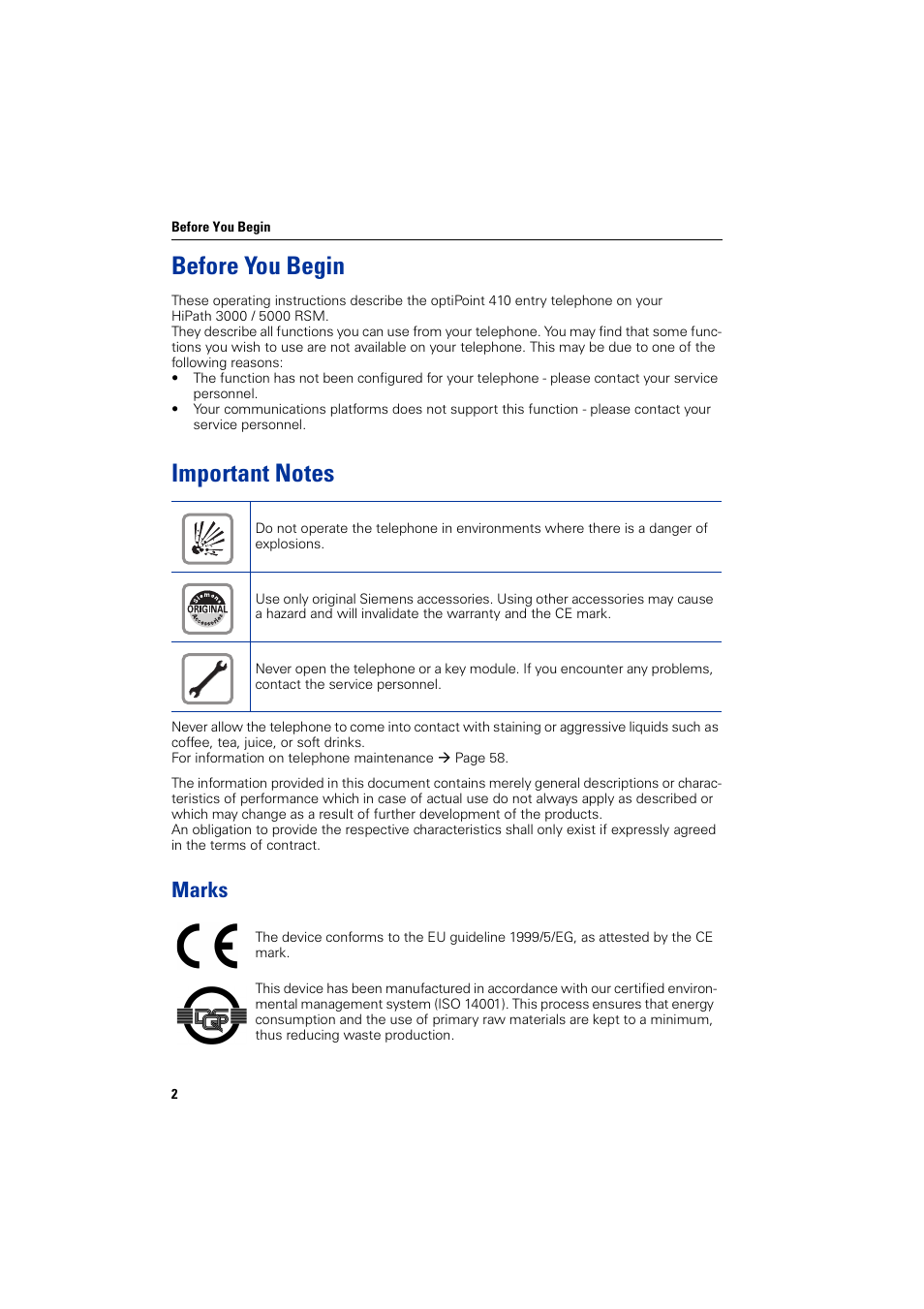 Before you begin, Marks | Siemens HIPATH 3000 User Manual | Page 2 / 72