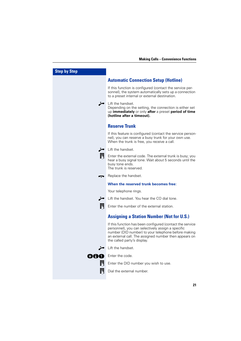 Automatic connection setup (hotline), Reserve trunk, Assigning a station number (notforu.s.) | Assigning a station number (not for u.s.) | Siemens HIPATH 3000 User Manual | Page 21 / 72