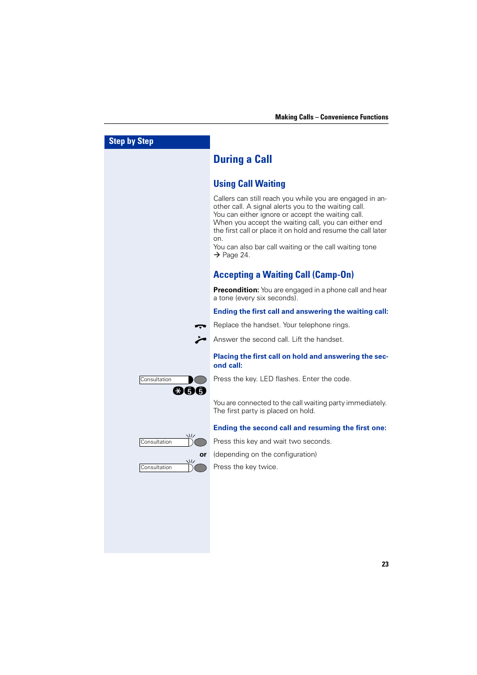 During a call, Using call waiting, Accepting a waiting call (camp-on) | Siemens HIPATH 3000 User Manual | Page 23 / 72