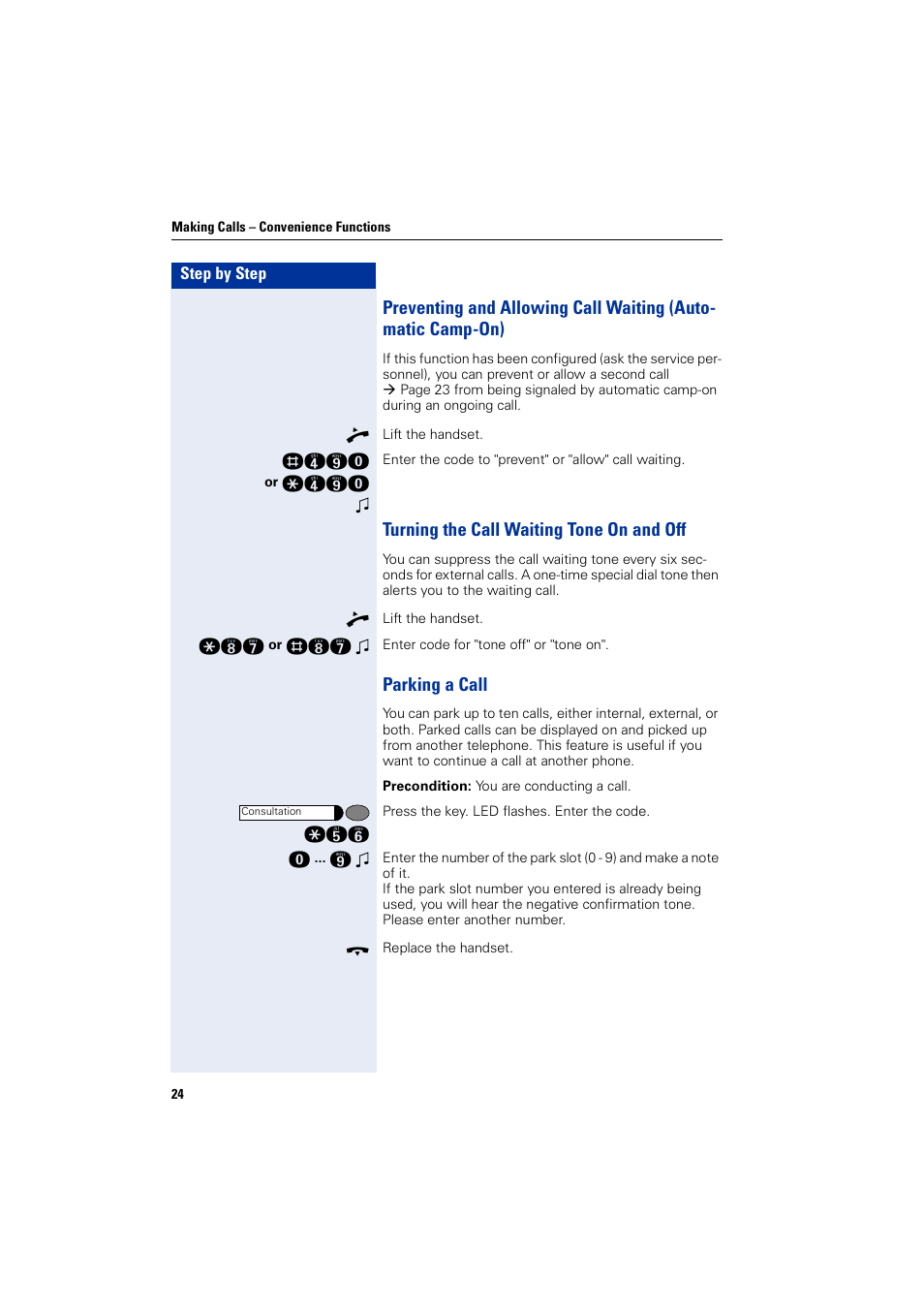 Turning the call waiting tone on and off, Parking a call | Siemens HIPATH 3000 User Manual | Page 24 / 72