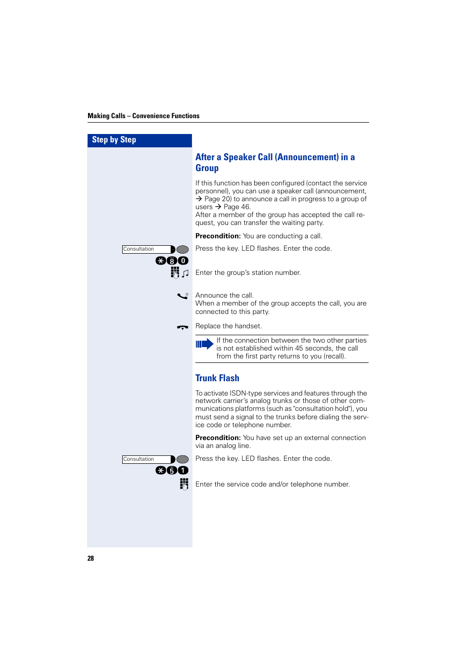 After a speaker call (announcement) in a group, Trunk flash | Siemens HIPATH 3000 User Manual | Page 28 / 72