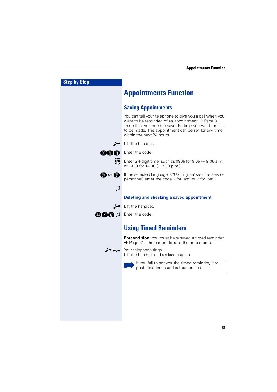 Appointments function, Saving appointments, Using timed reminders | Siemens HIPATH 3000 User Manual | Page 31 / 72