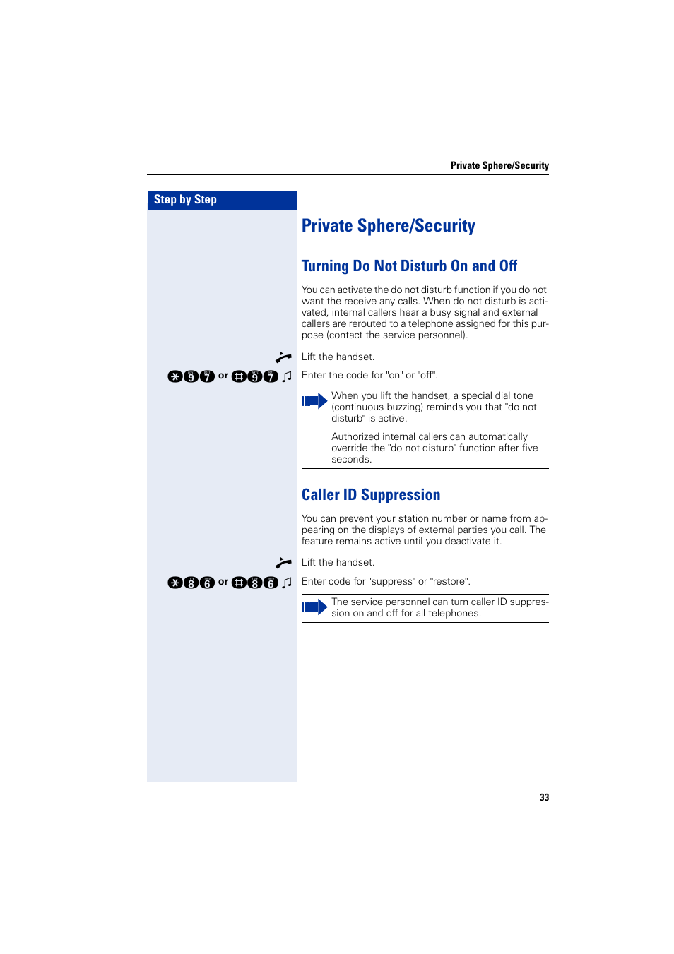 Private sphere/security, Turning do not disturb on and off, Caller id suppression | Siemens HIPATH 3000 User Manual | Page 33 / 72