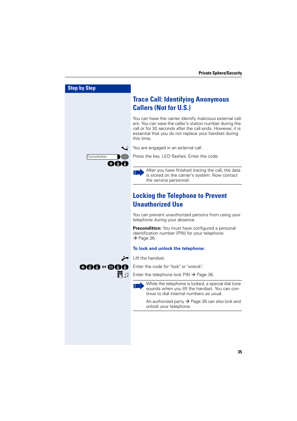 Locking the telephone to prevent unauthorized use, Locking the telephone to prevent unauthorized use | Siemens HIPATH 3000 User Manual | Page 35 / 72