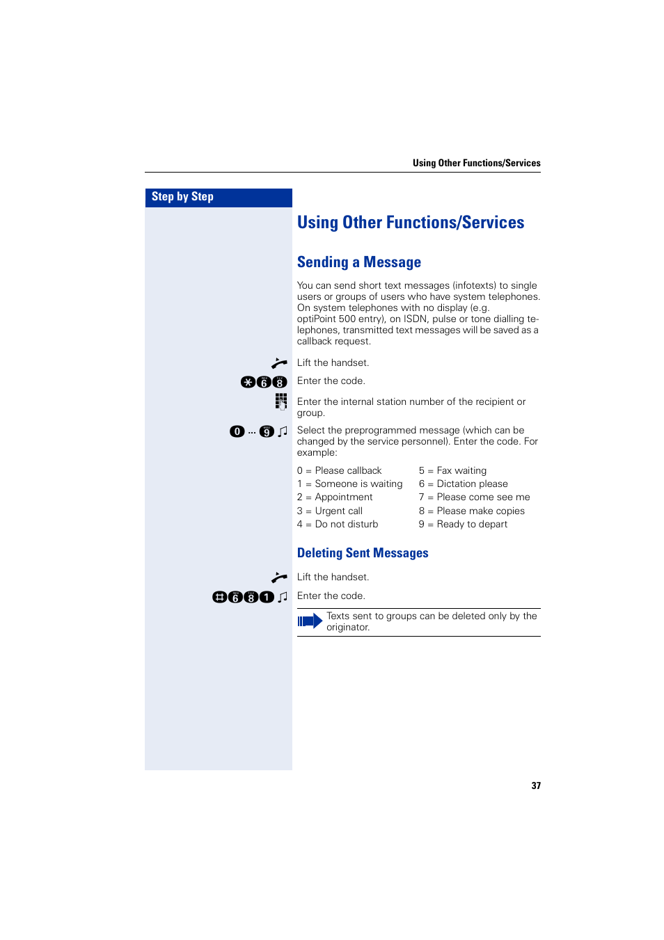 Using other functions/services, Sending a message, Deleting sent messages | Siemens HIPATH 3000 User Manual | Page 37 / 72