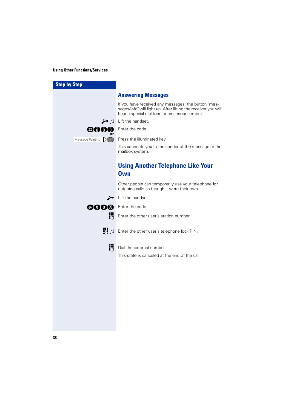 Answering messages, Using another telephone like your own | Siemens HIPATH 3000 User Manual | Page 38 / 72