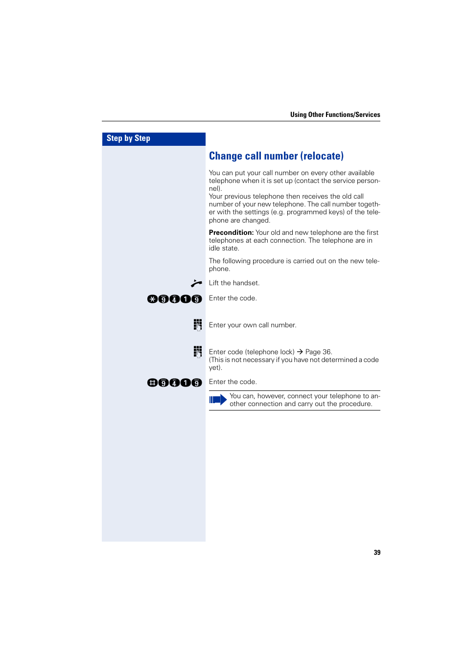 Change call number (relocate) | Siemens HIPATH 3000 User Manual | Page 39 / 72