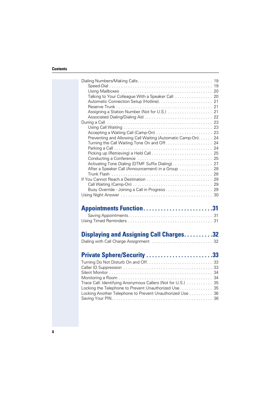 Appointments function, Displaying and assigning call charges, Private sphere/security | Siemens HIPATH 3000 User Manual | Page 4 / 72