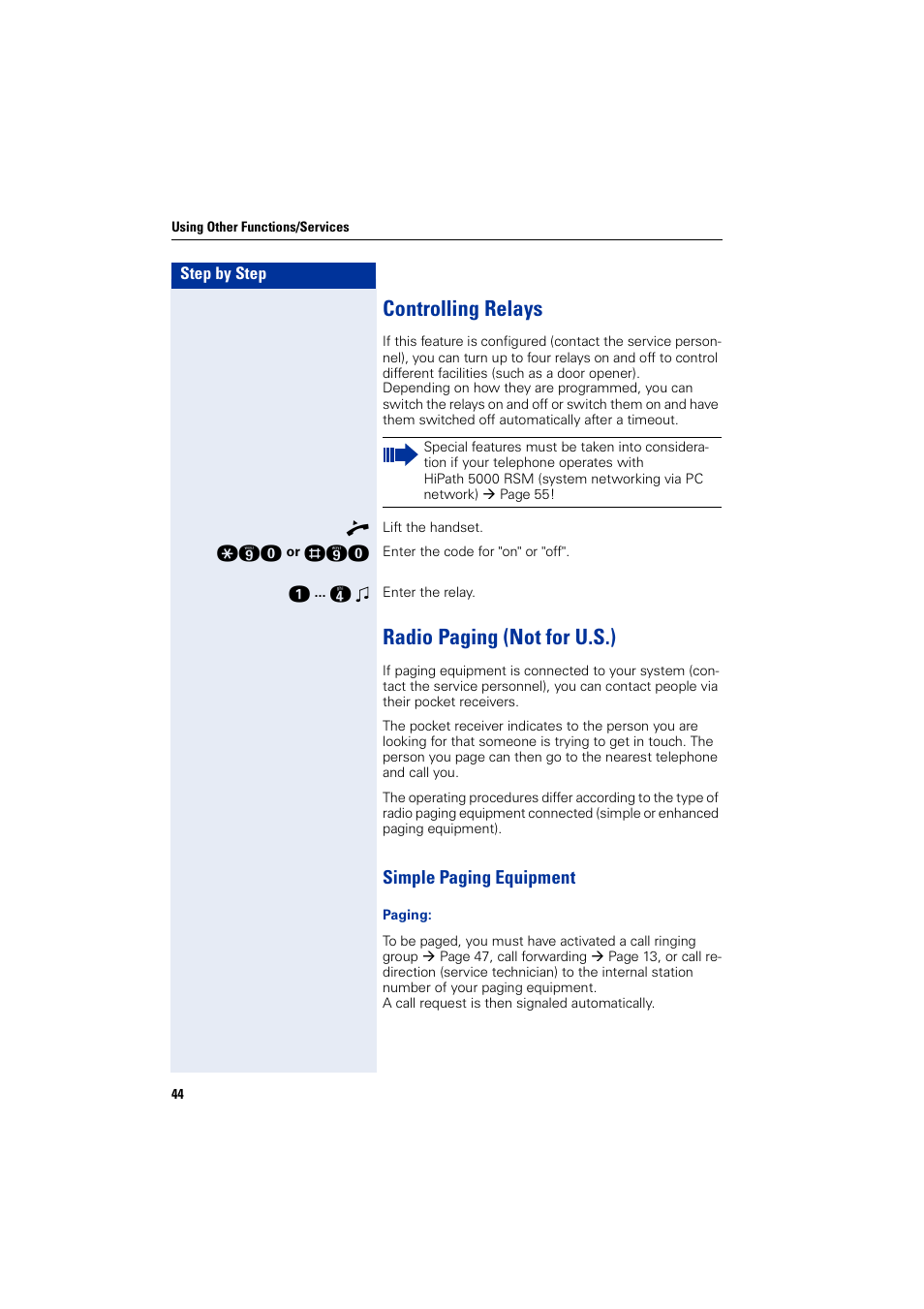 Controlling relays, Radio paging (not for u.s.), Simple paging equipment | Controlling relays radio paging (not for u.s.) | Siemens HIPATH 3000 User Manual | Page 44 / 72