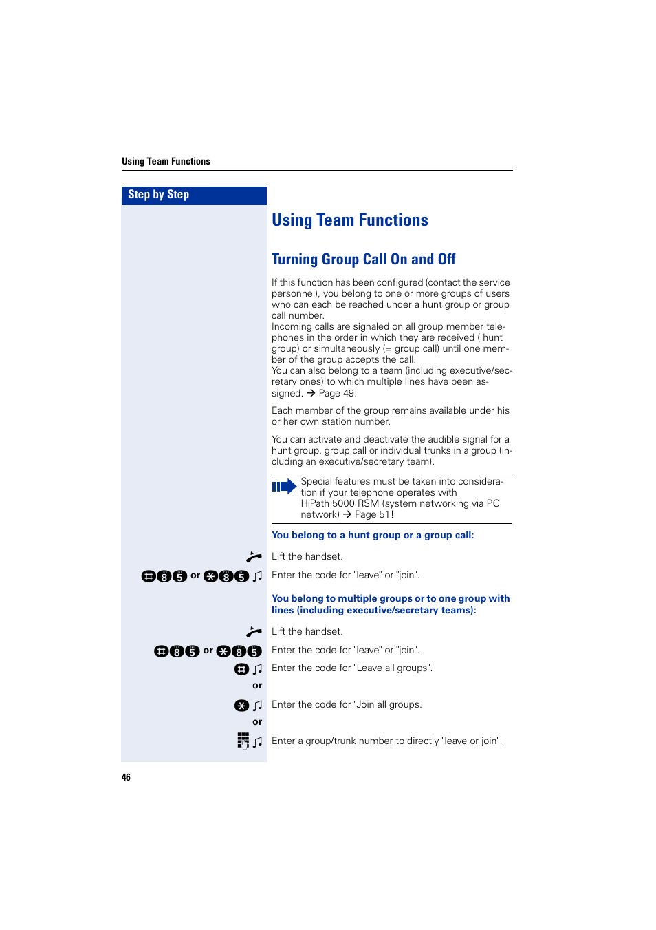 Using team functions, Turning group call on and off | Siemens HIPATH 3000 User Manual | Page 46 / 72