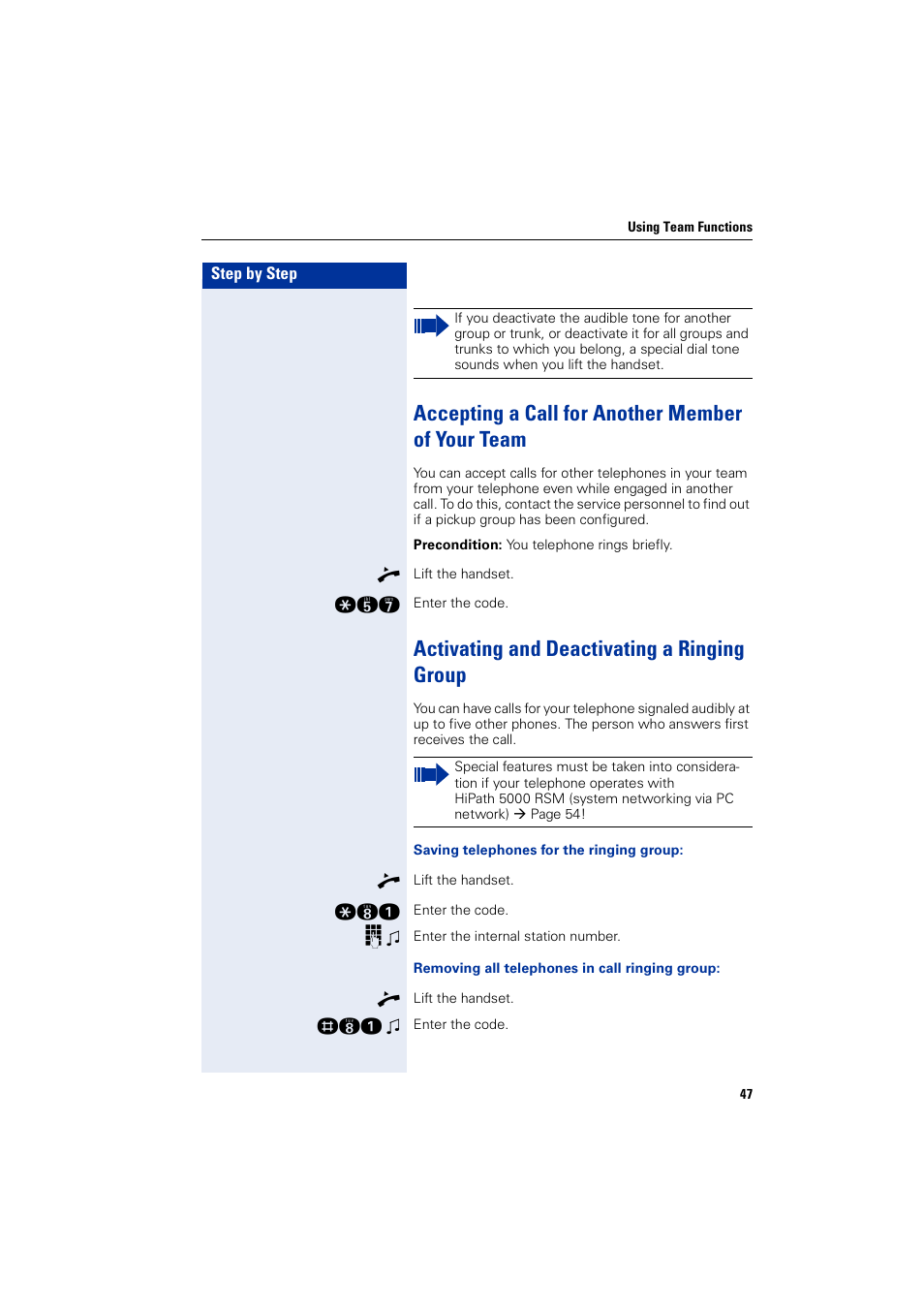 Accepting a call for another member of your team, Activating and deactivating a ringing group | Siemens HIPATH 3000 User Manual | Page 47 / 72