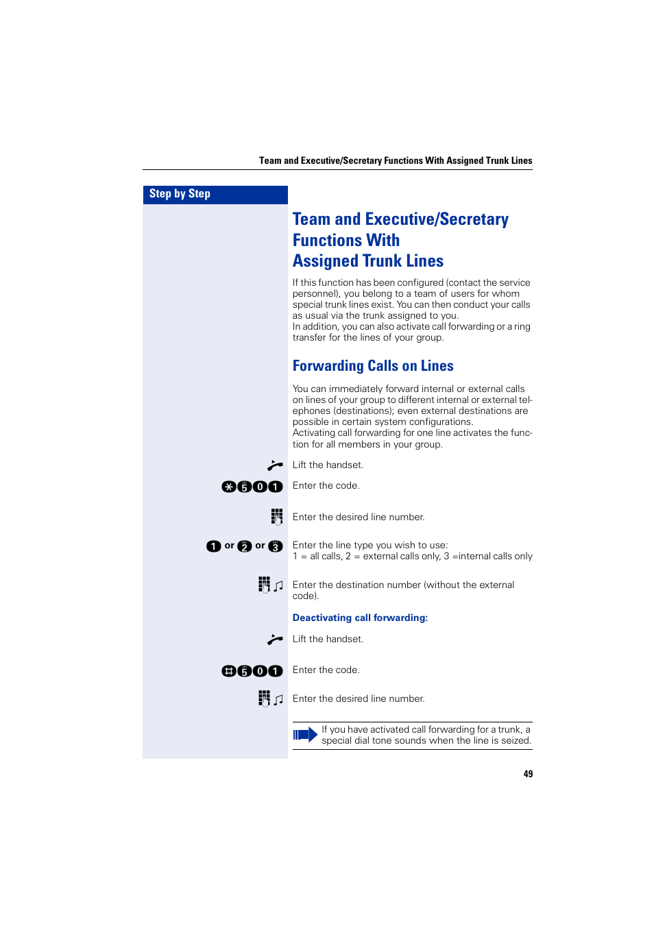 Forwarding calls on lines | Siemens HIPATH 3000 User Manual | Page 49 / 72