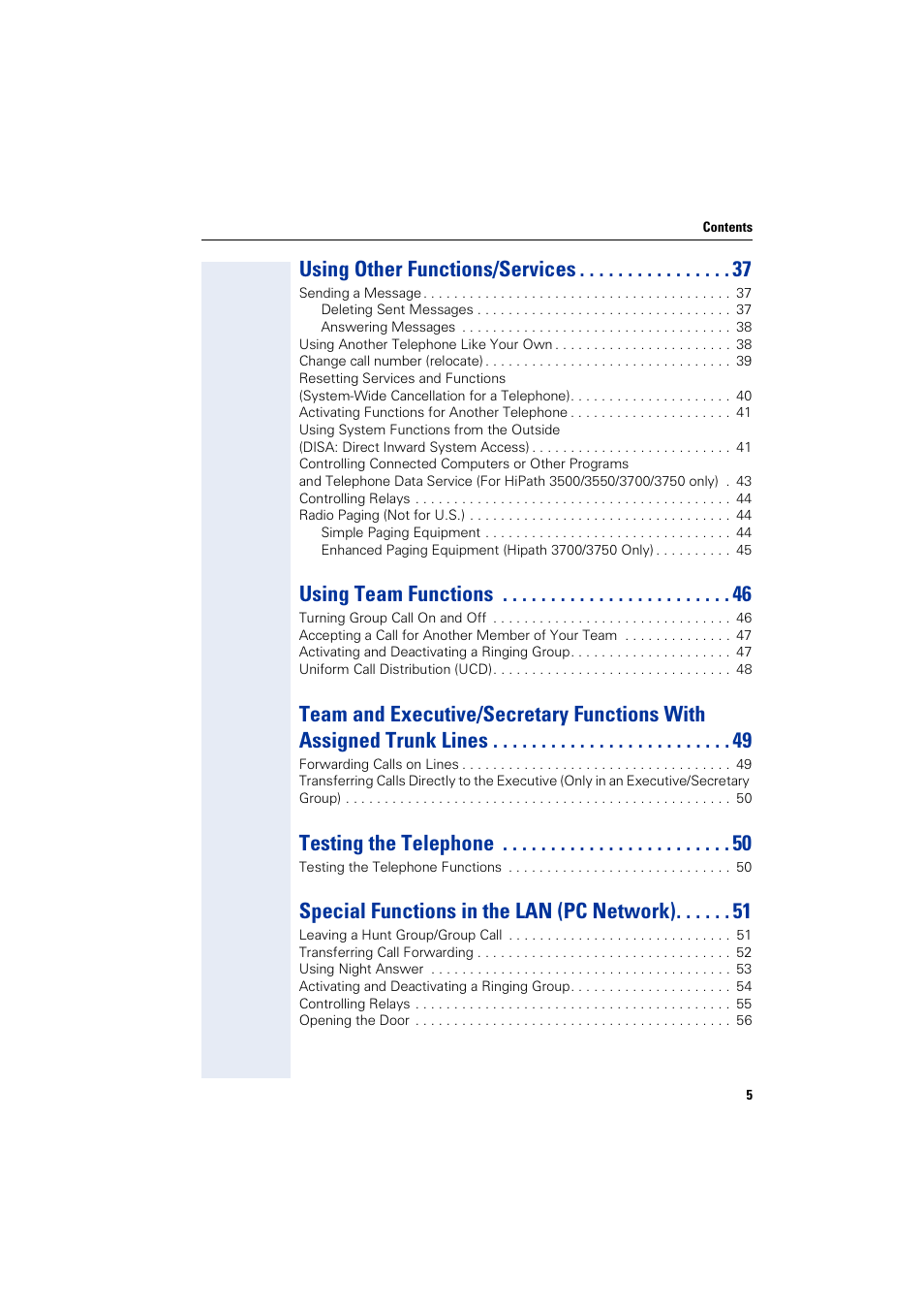 Using other functions/services, Using team functions, Testing the telephone | Special functions in the lan (pc network) | Siemens HIPATH 3000 User Manual | Page 5 / 72