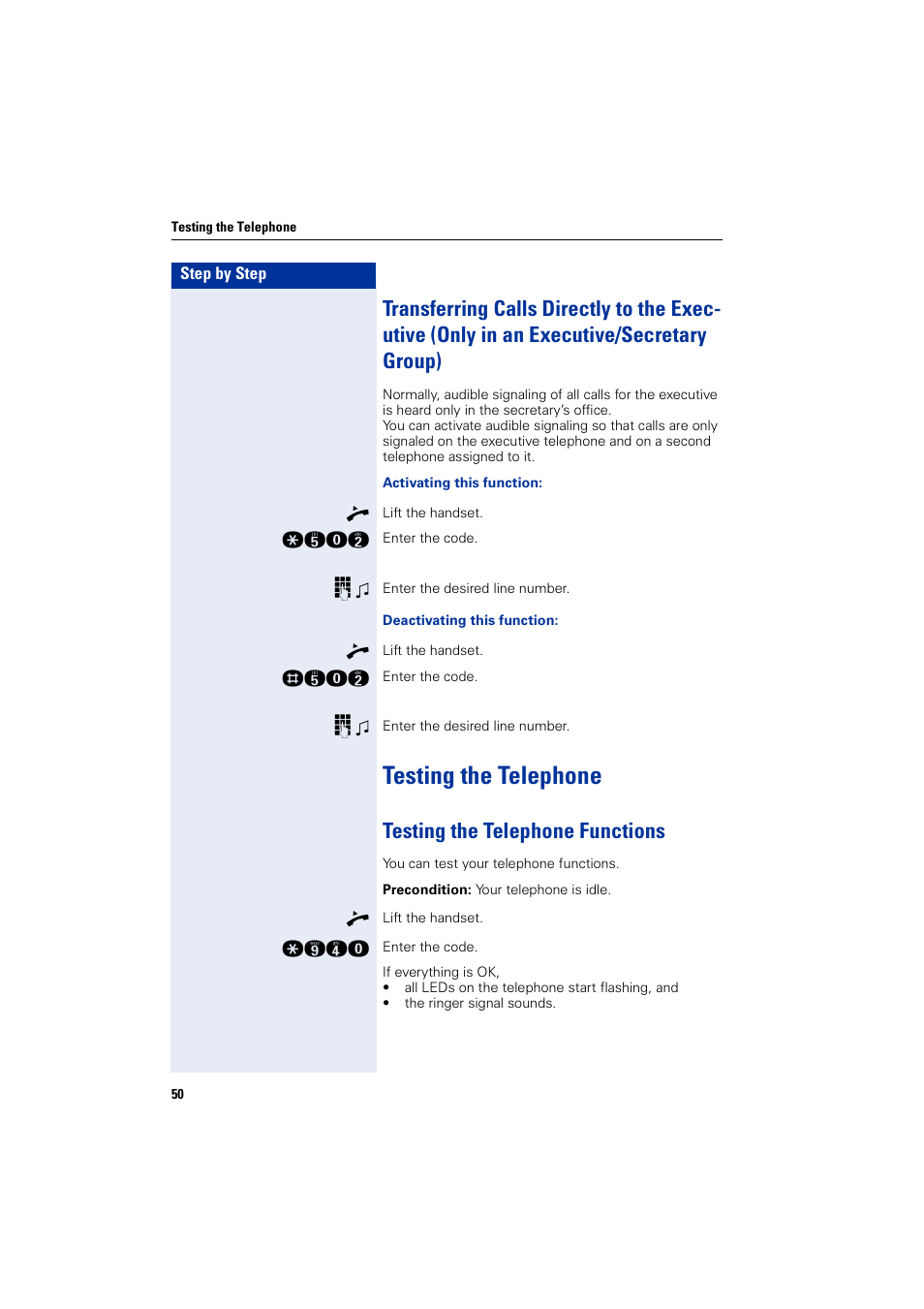 Testing the telephone, Testing the telephone functions | Siemens HIPATH 3000 User Manual | Page 50 / 72