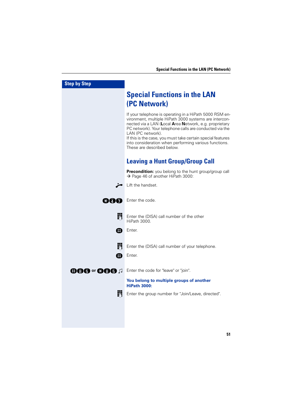 Special functions in the lan (pcnetwork), Leaving a hunt group/group call, Special functions in the lan (pc network) | Siemens HIPATH 3000 User Manual | Page 51 / 72