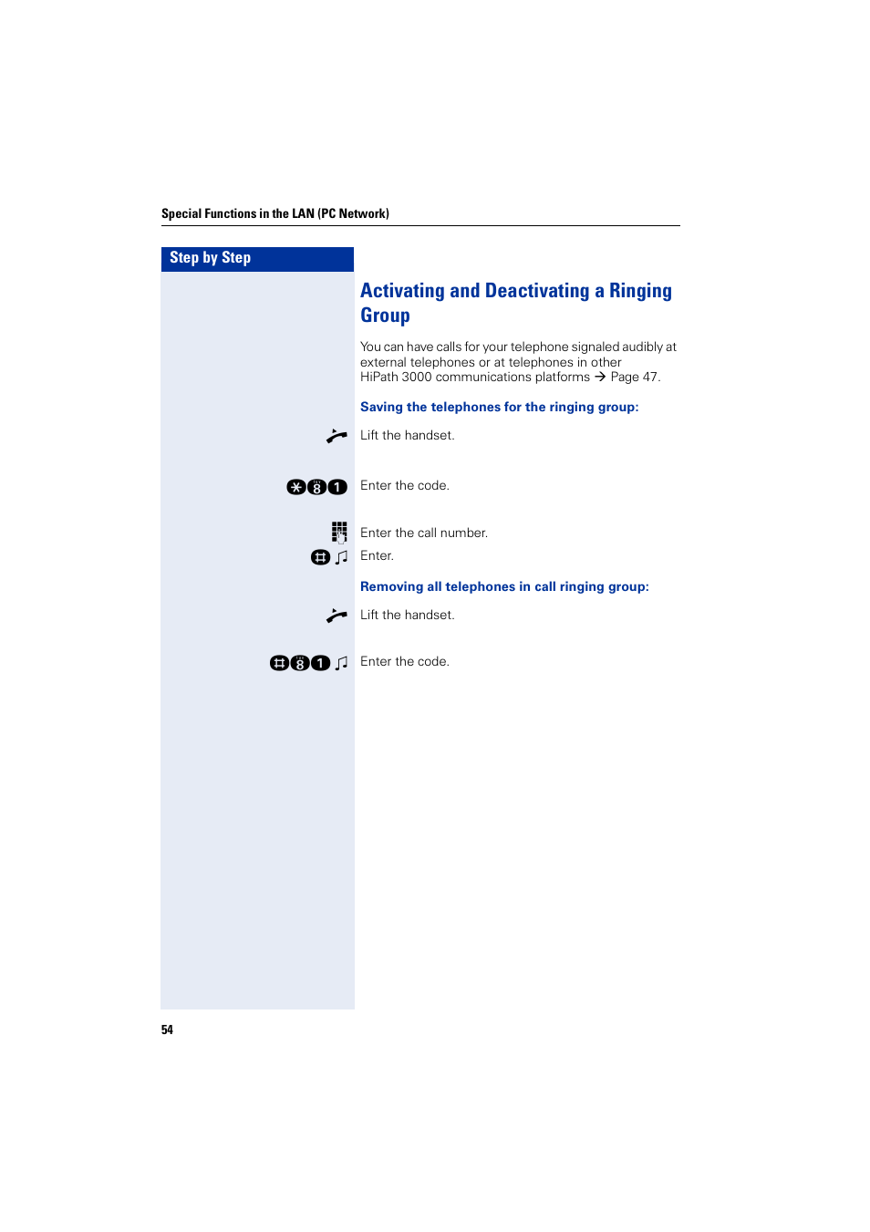 Activating and deactivating a ringing group | Siemens HIPATH 3000 User Manual | Page 54 / 72