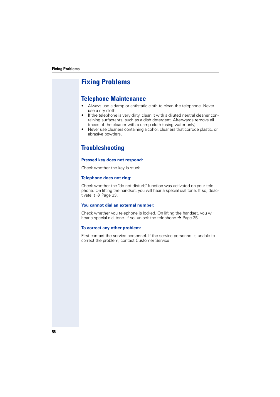 Fixing problems, Telephone maintenance, Troubleshooting | Telephone maintenance troubleshooting | Siemens HIPATH 3000 User Manual | Page 58 / 72