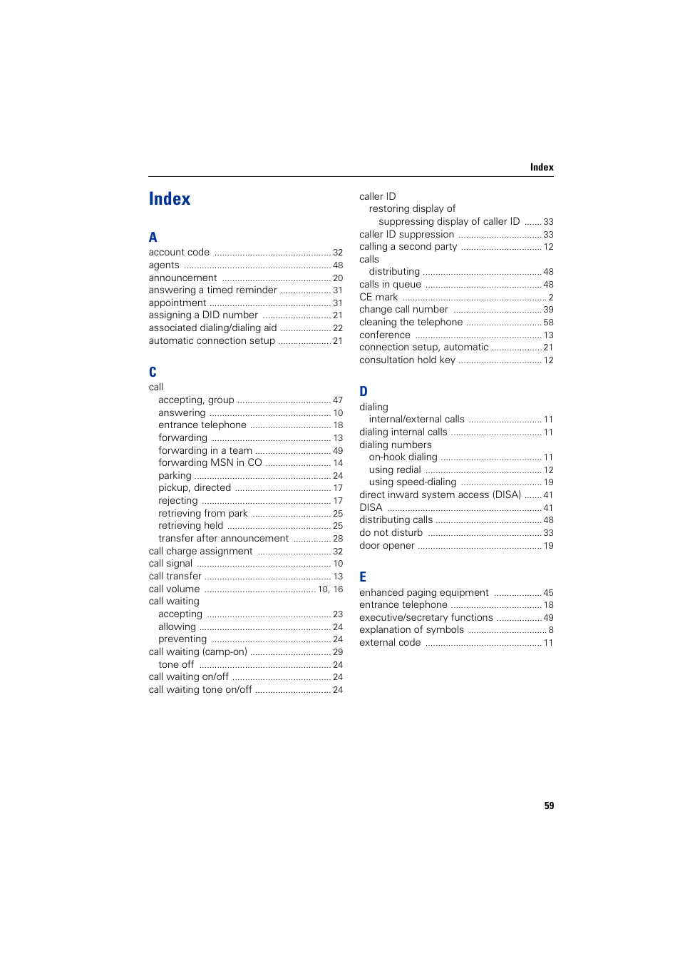 Index | Siemens HIPATH 3000 User Manual | Page 59 / 72