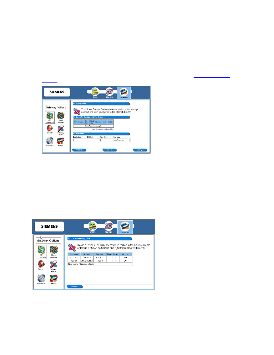 Static routes, Add static routes for direct isp connections | Siemens SpeedStream 5450 User Manual | Page 40 / 83